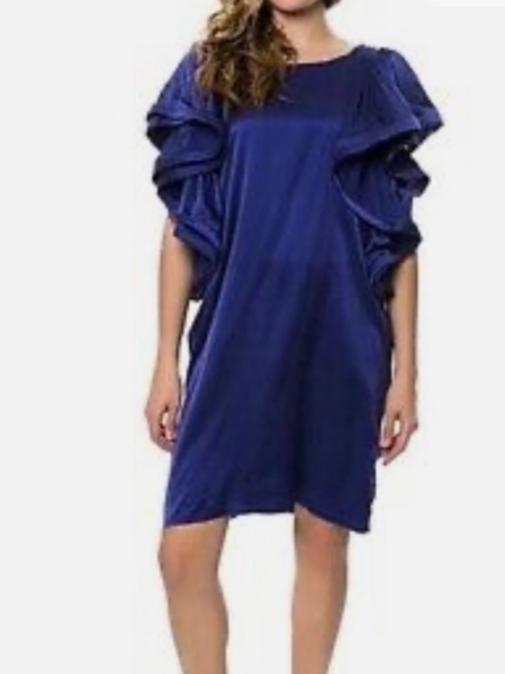 Lanvin x H&M 2010 navy blue dramatic ruffle sleeve shift dress silk size 6